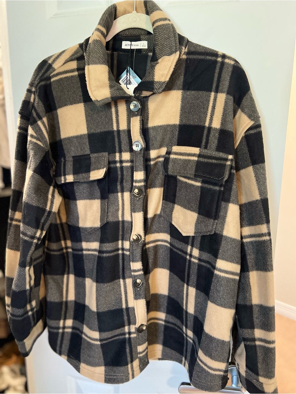 Active USA Black and Beige Plaid Fleece Shacket